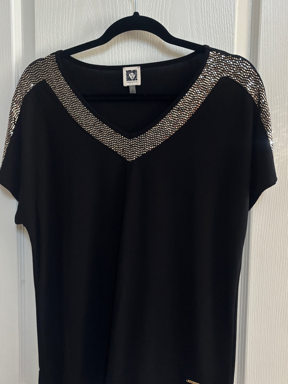Anne Klein Black V-Neck Top with Silver Embellished Trim